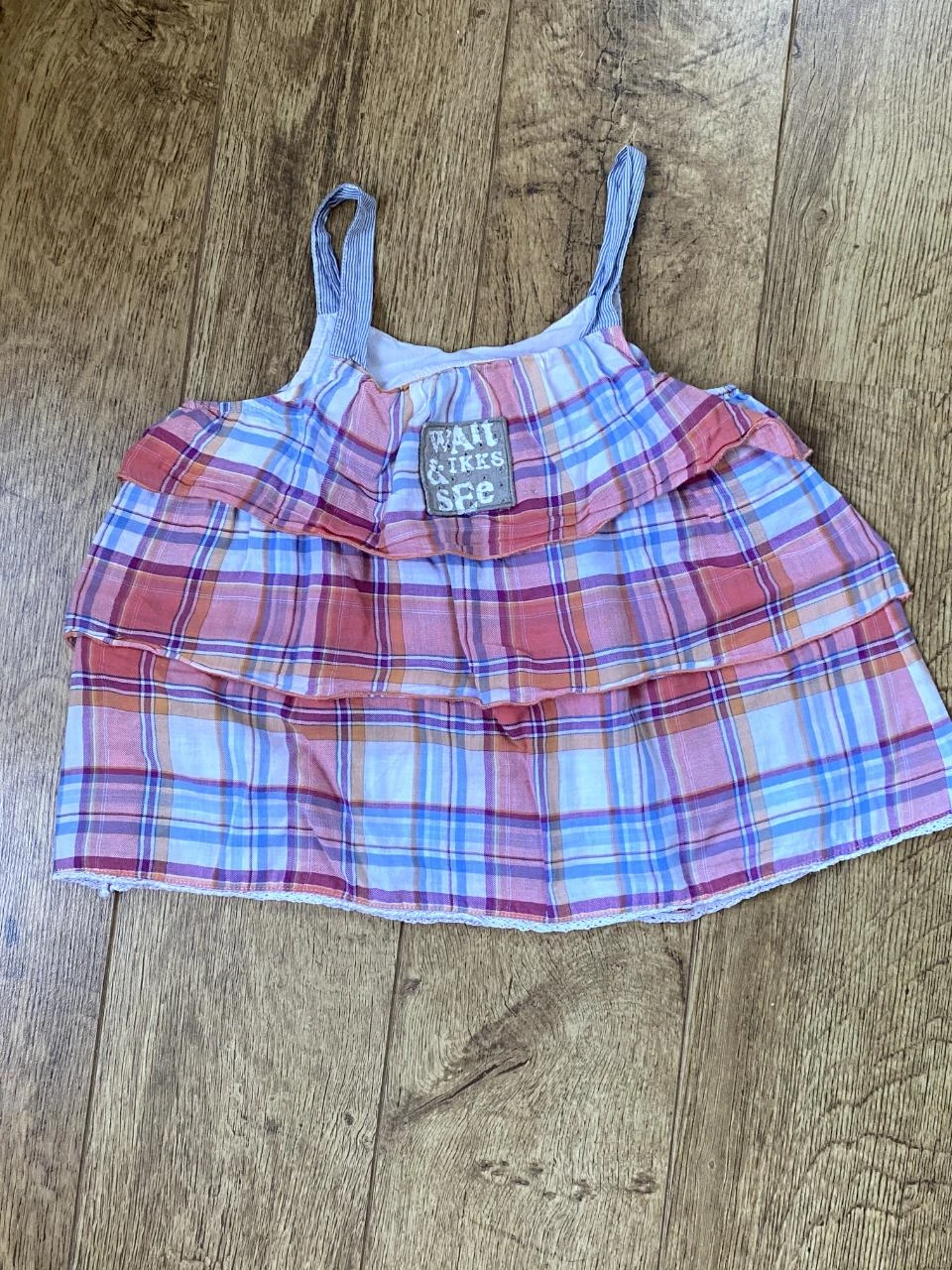 IKKS pink, blue & white checkered blouse 8 years – Bohemian ruffles 100% cotton – photo 4